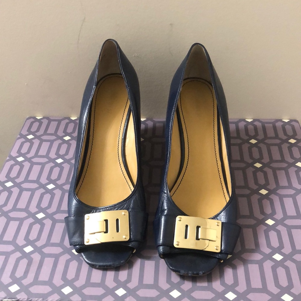 Nine West Navy Open Toe Wedges